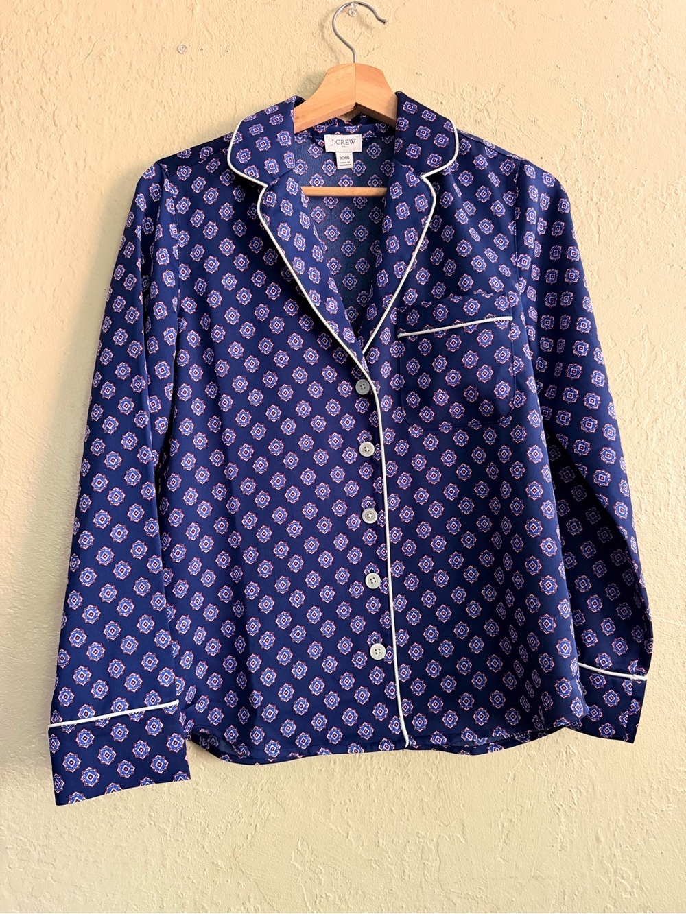 J. Crew Navy Geometric Print Pajama Shirt with White Piping
